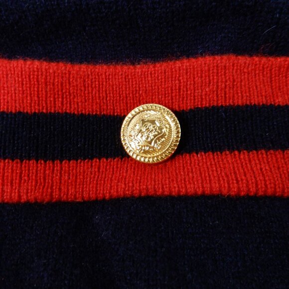 AQUA 100% Cashmere Stripe Trim Novelty Button Cardigan Sweater XXL Navy Red NEW - Picture 8 of 11